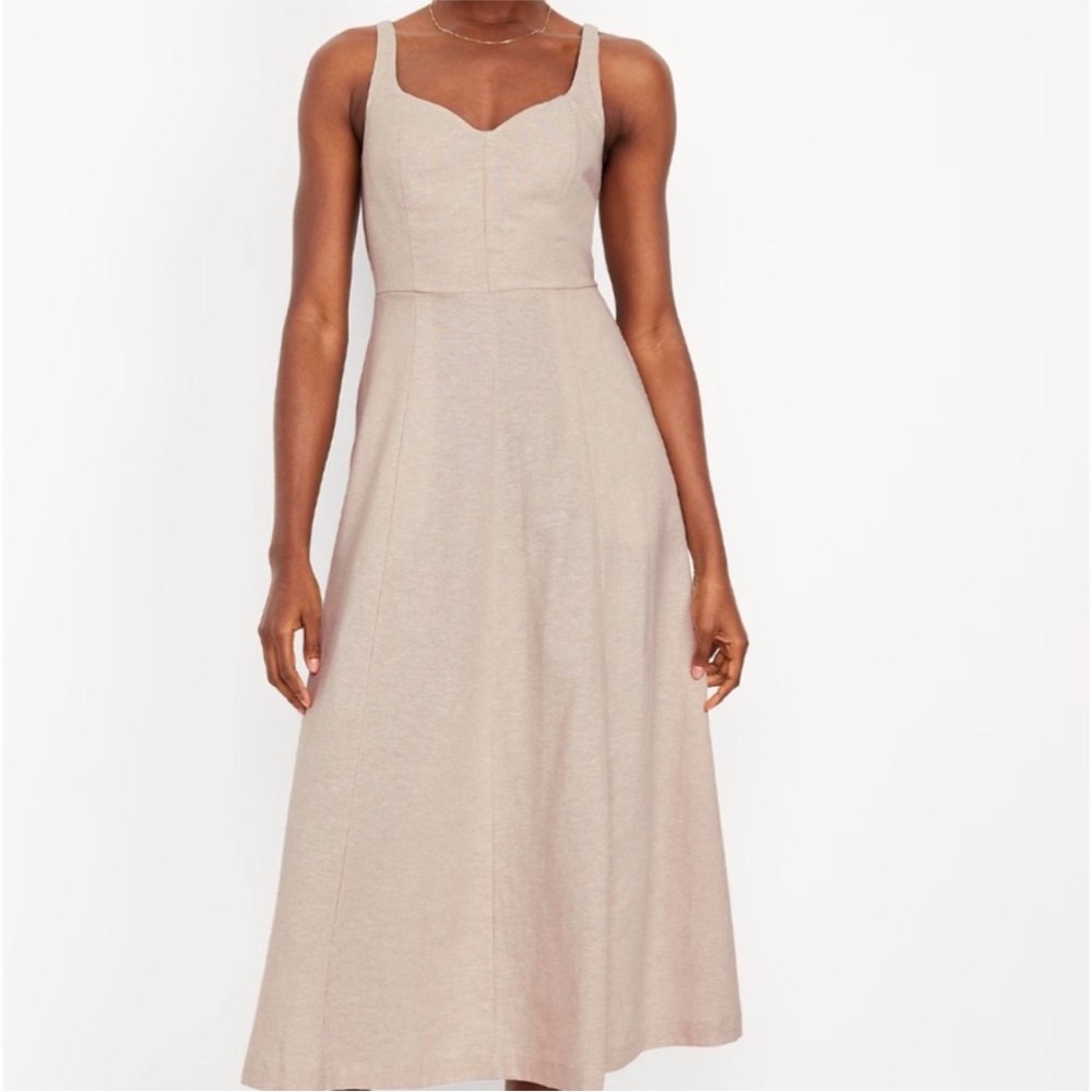 Old Navy Linen Blend Fit & Flare Midi Dress Tan - Picture 2 of 8
